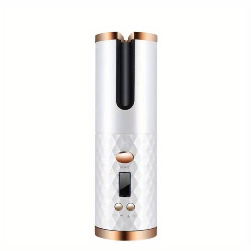 Portable hair curler with a sleek white and gold design, featuring a digital display and easy-to-use controls.