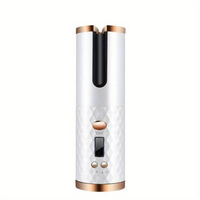 Portable hair curler with a sleek white and gold design, featuring a digital display and easy-to-use controls.