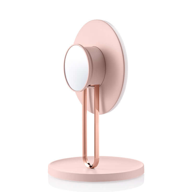 Desktop LED makeup fill mirror in cherry blossom pink, featuring a sleek ABS frame and glass lens, perfect for beauty routines.