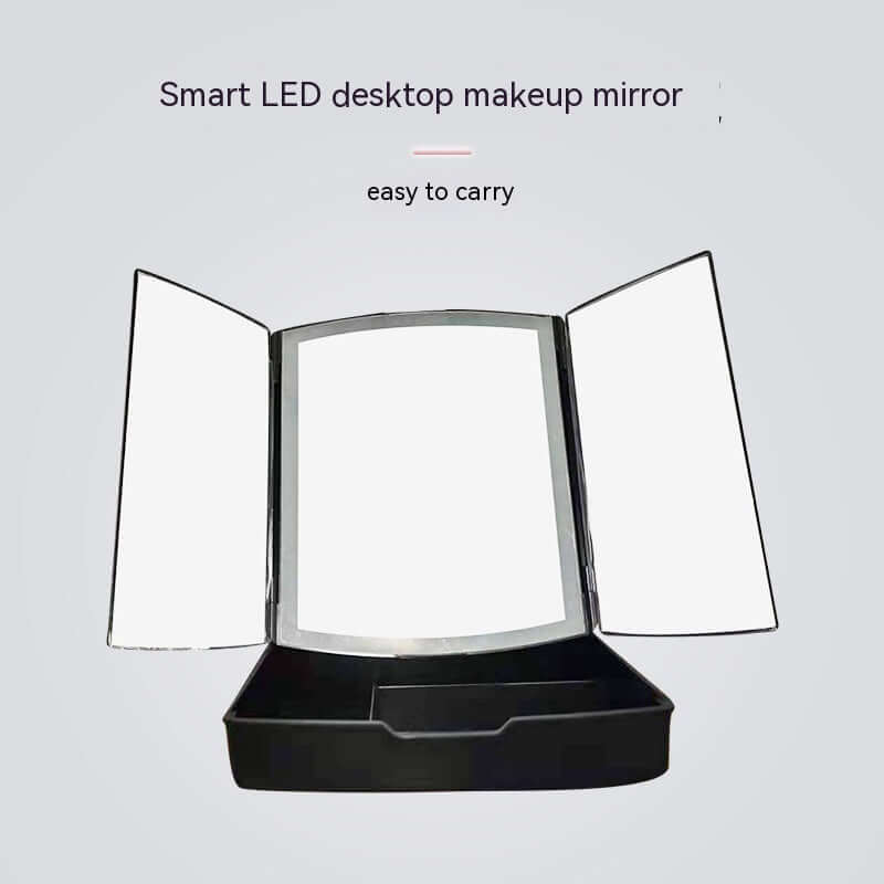 Smart LED desktop makeup mirror with light, easily portable for bedroom or bathroom use.