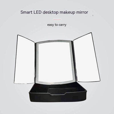 Smart LED desktop makeup mirror with light, easily portable for bedroom or bathroom use.