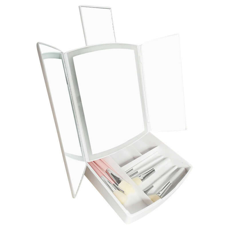 Household LED folding makeup mirror with light, features three panels and storage for makeup brushes, ideal for bedroom or bathroom.