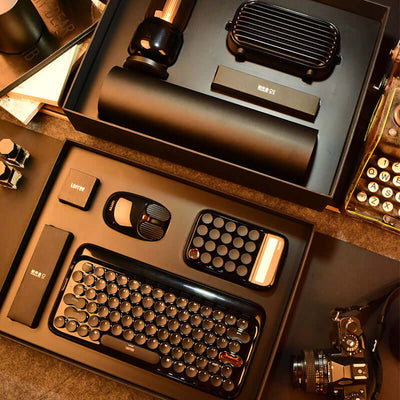 Wireless Retro Bluetooth Mechanical Keyboard and Mouse Set with Black Gold Textured Design
