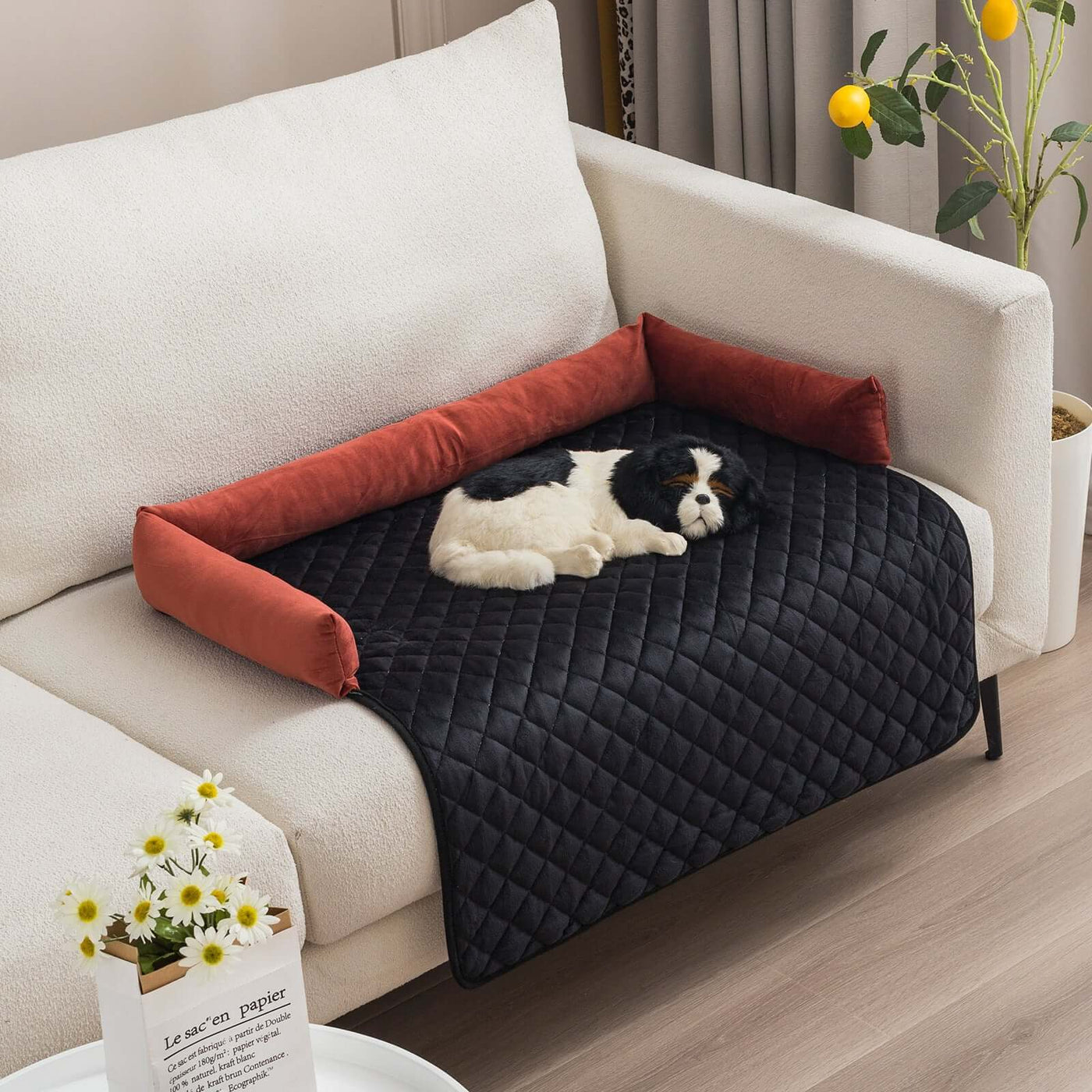 Cozy pet dog sofa bed with plush sides, providing comfort for dogs and protecting furniture from pet hair.