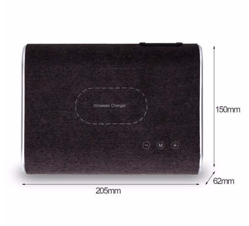 Wireless charger speaker in dark brown, featuring Bluetooth, USB interface, and dimensions for stylish home audio.