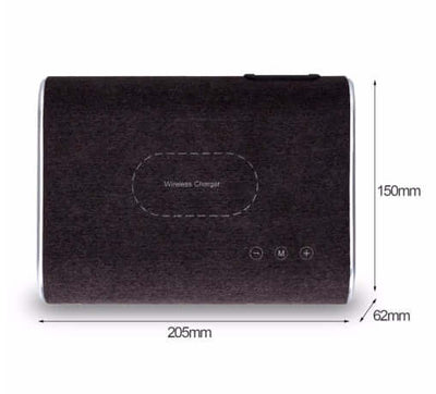 Wireless charger speaker in dark brown, featuring Bluetooth, USB interface, and dimensions for stylish home audio.