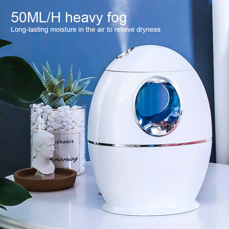 800ML Mini Air Humidifier in white with heavy fog feature for long-lasting moisture and dryness relief.