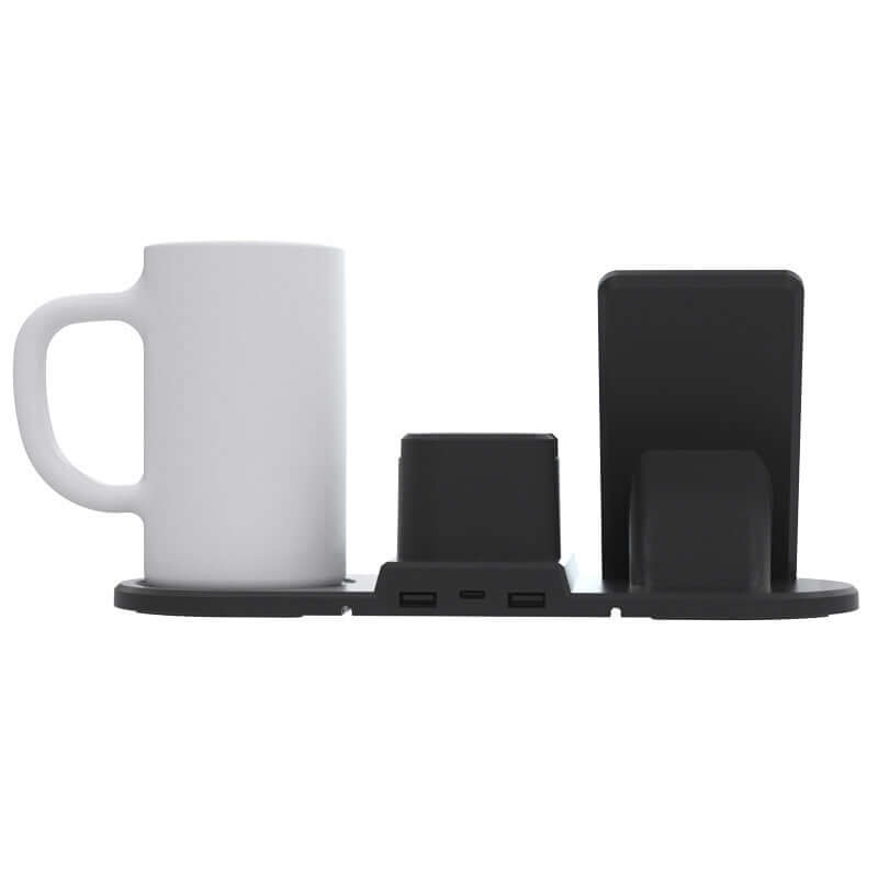 Wireless charger station with a coffee mug, featuring Type-C interface and multiple charging ports.