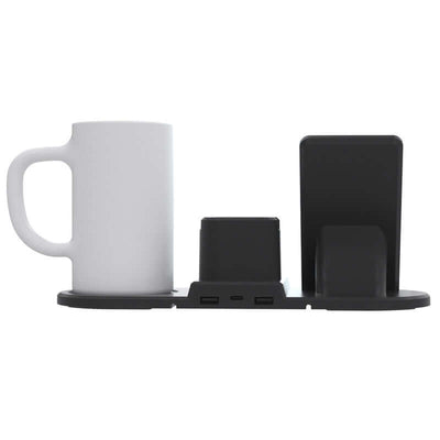 Wireless charger station with a coffee mug, featuring Type-C interface and multiple charging ports.