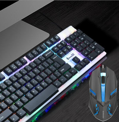 Wangtun Shanhe keyboard and mouse set with colorful backlight and angular contour design against a dark surface.
