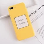 Yellow Lovebay iPhone case with 'FEEL GOOD' design, compatible with Apple iPhone models, anti-fingerprint material.