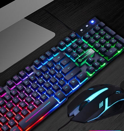 Wangtun Shanhe Keyboard and Mouse Set with RGB backlighting and angular design on a wooden desk.