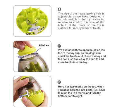Adjustable dog food leaking toy with treat holes for pets, ideal for fun feeding sessions, size 100x100x120mm.
