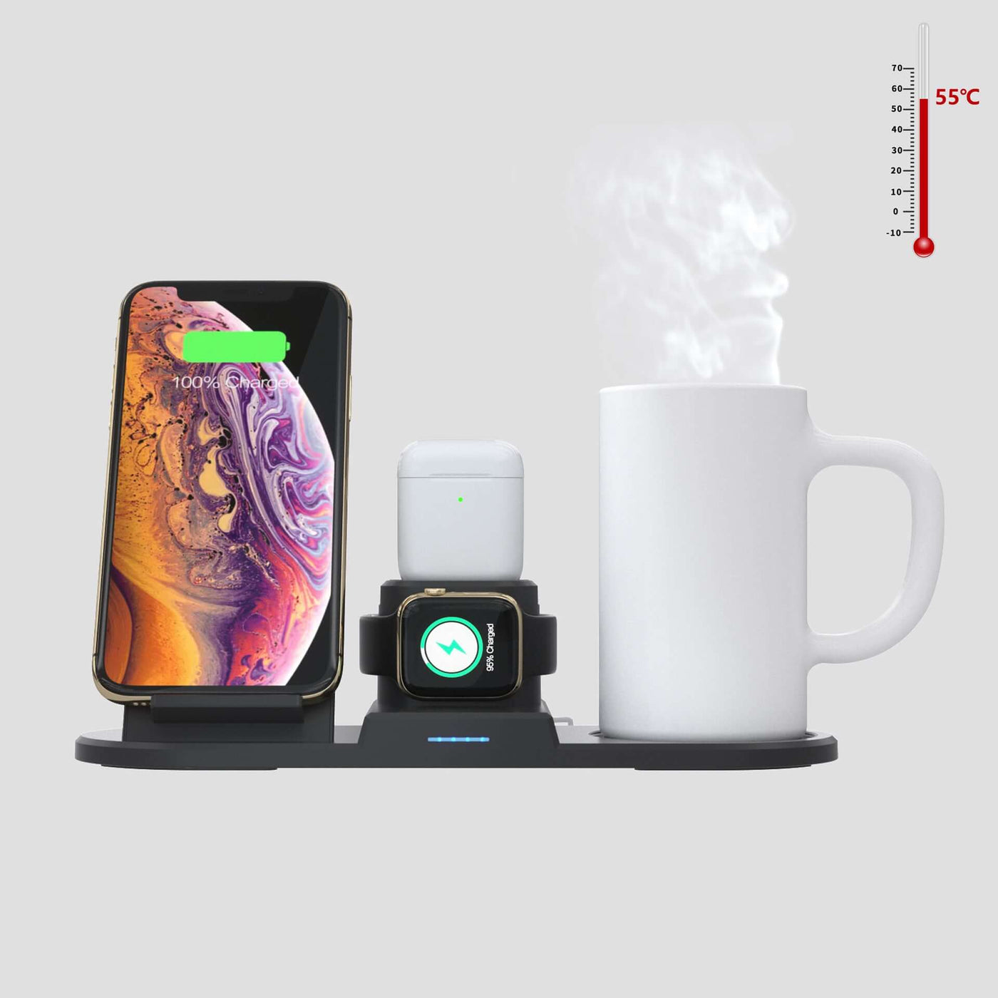 Wireless charger station with phone, AirPods, and hot coffee cup, featuring charging indicator and Type-C interface.