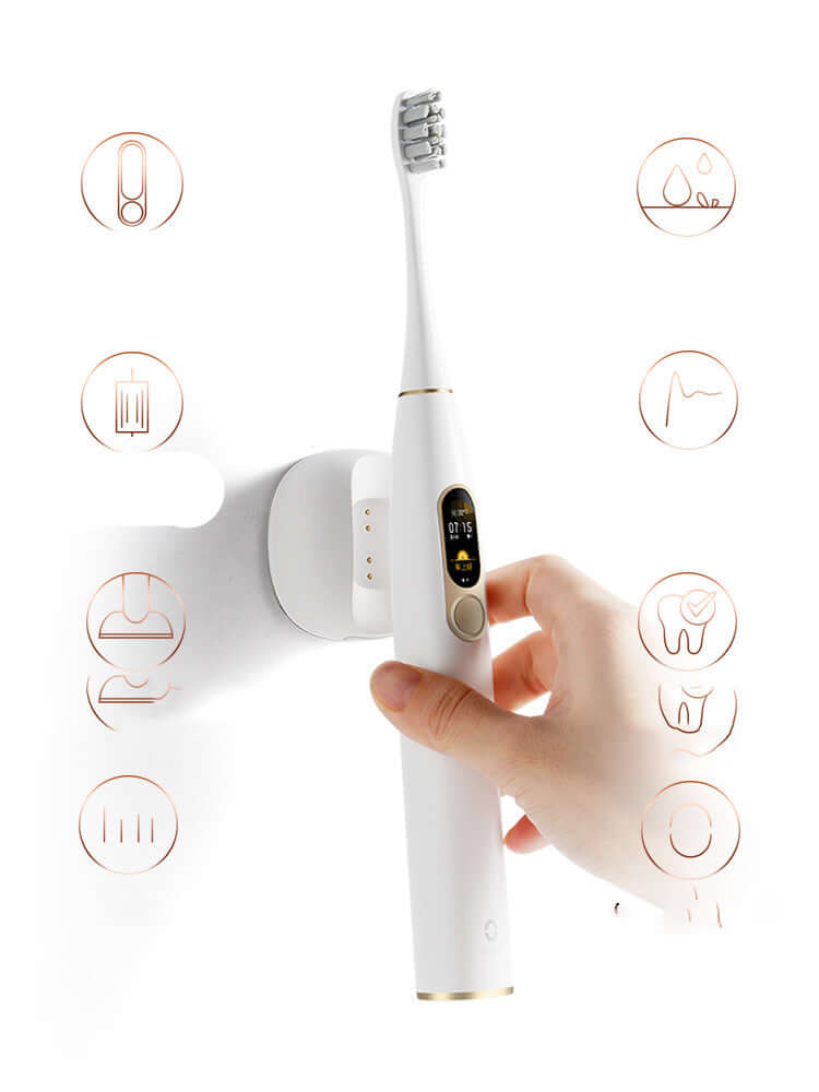 Electric toothbrush with display and charging base, featuring 40000 rpm speed and 4 cleaning modes.
