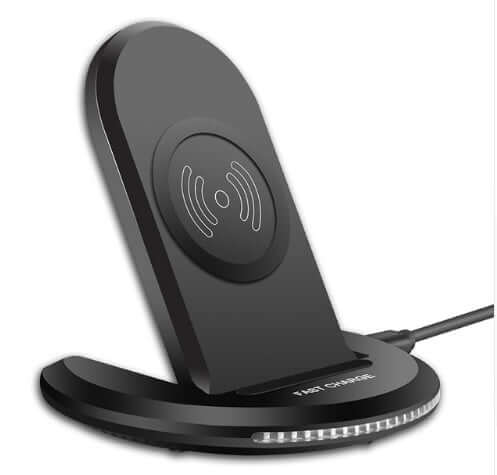 Wireless charger bracket for mobile phones, featuring fast charging technology and a sleek black design.