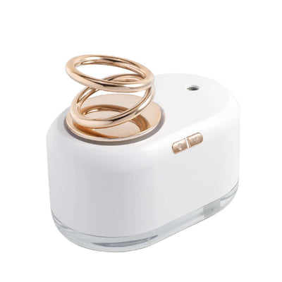 White suspended double ring humidifier with gold accents, ultrasonic, suitable for 10-20 sqm, USB powered, and quiet operation.