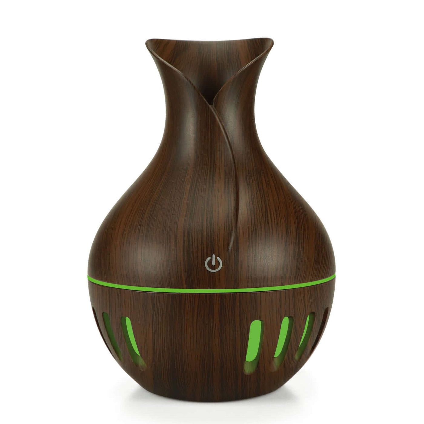 Hollow Colorful Mini USB Humidifier in wood design with LED light, 130ml capacity, stylish and portable for home use.
