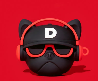 Hip Hop Bulldog Bluetooth headphones in a playful design, featuring cat ears and sunglasses, on a bold red background.