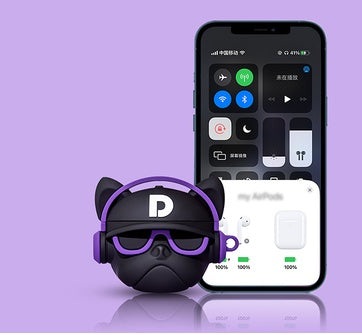 Hip Hop Bulldog Bluetooth headphones with a smartphone showing controls, showcasing true wireless earbuds.
