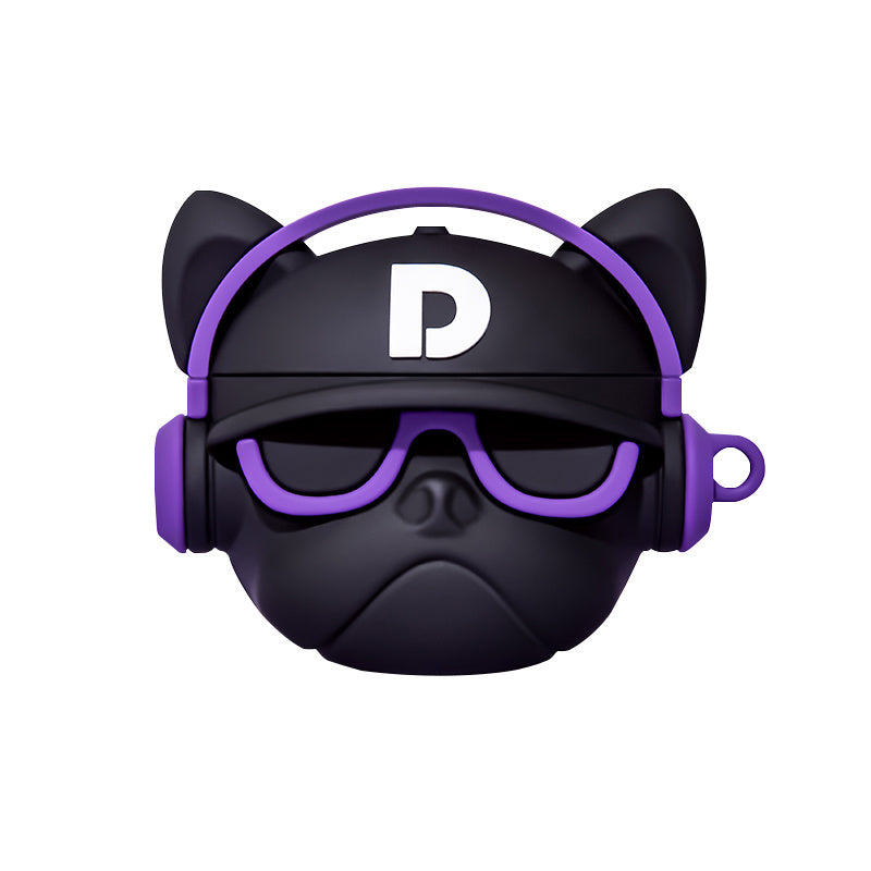 Hip Hop Bulldog Bluetooth headphone case in black and purple design, showcasing cool dog face and glasses.