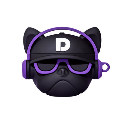 Hip Hop Bulldog Bluetooth headphone case in black and purple design, showcasing cool dog face and glasses.
