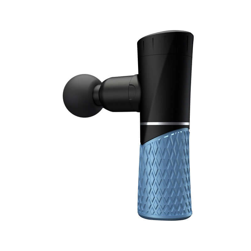 Mini USB massage gun for muscle relaxation, featuring a black and blue design, 32 gears for whole body percussion massage.
