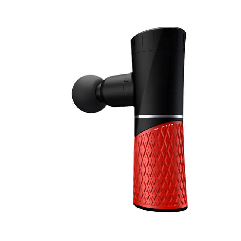 Mini USB massage gun in black and red for muscle relaxation and percussion therapy, portable and lightweight.
