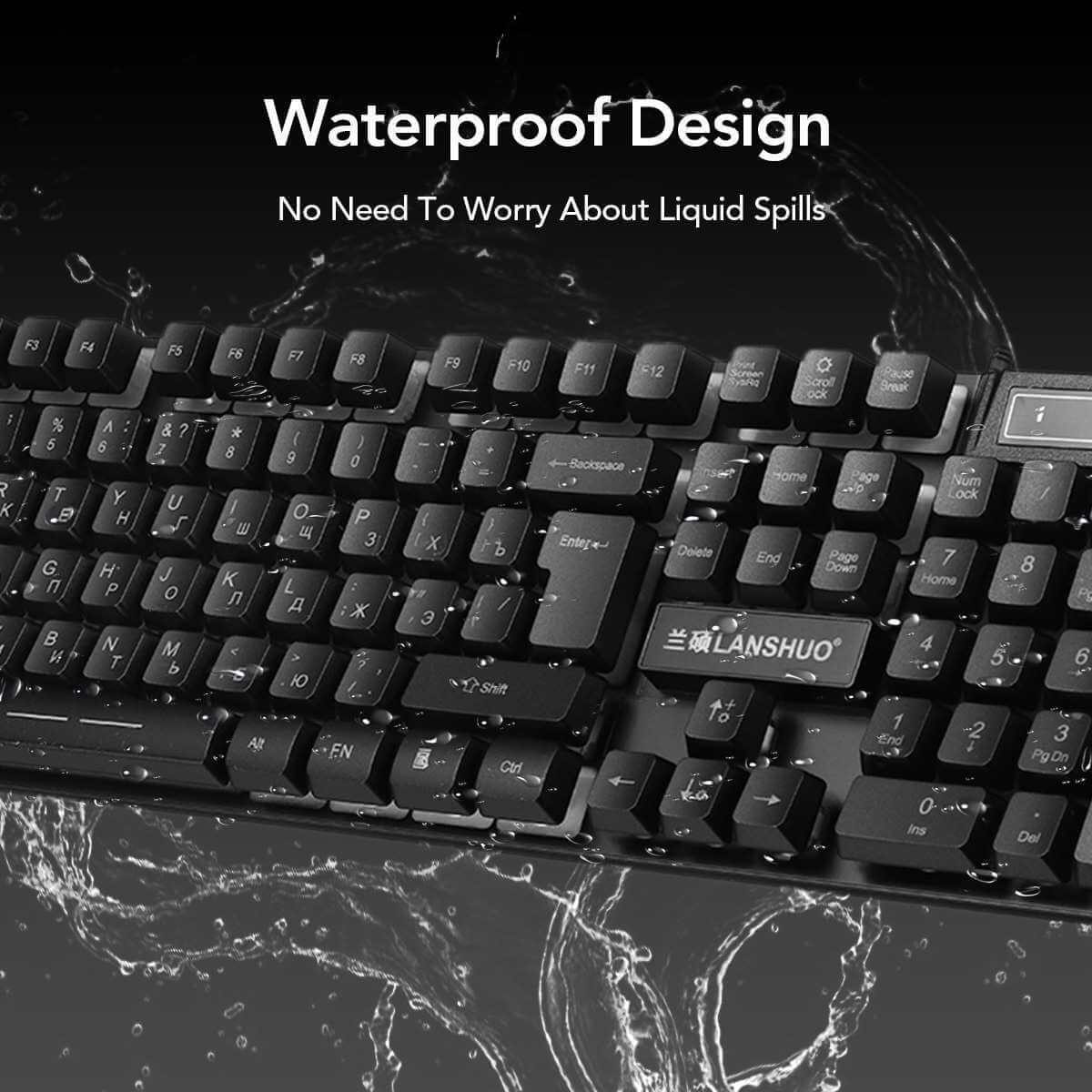 Close-up of a waterproof keyboard highlighting liquid spill protection features