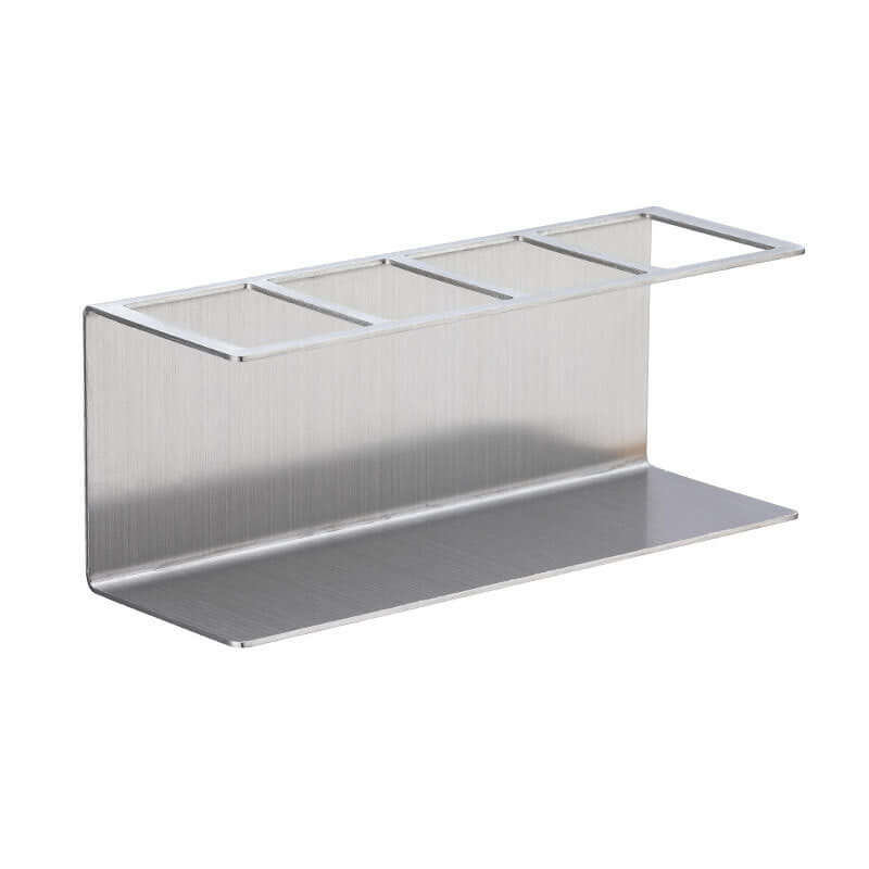 Sleek stainless steel electric toothbrush holder in European style with hook installation method.