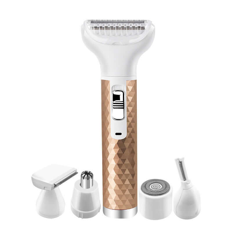 Portable electric razor for women with five interchangeable heads for body, eyebrow, and nose hair trimming.