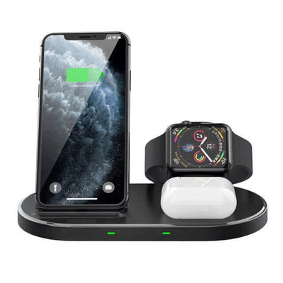 Multifunctional wireless charger displaying smartphone, smartwatch, and earbuds on sleek charging platform.