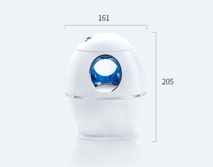 800ML Mini Air Humidifier in white, compact design with blue accent, dimensions 161*104*205, ideal for home or office.