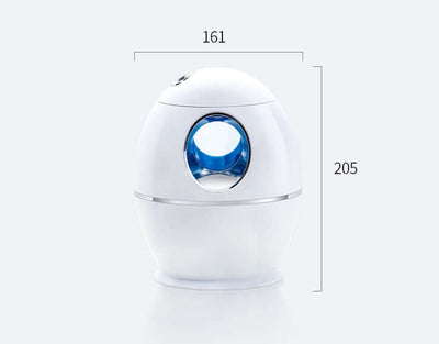 800ML Mini Air Humidifier in white, compact design with blue accent, dimensions 161*104*205, ideal for home or office.