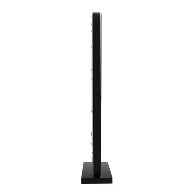 Black smart LED cosmetic mirror side view, perfect for bedrooms and bathrooms, with a sleek metal frame.