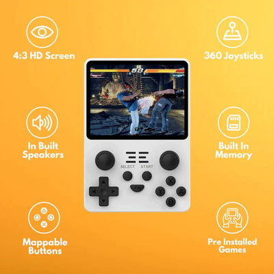 Arcade console features: 4:3 HD screen, built-in speakers, mappable buttons, pre-installed games.