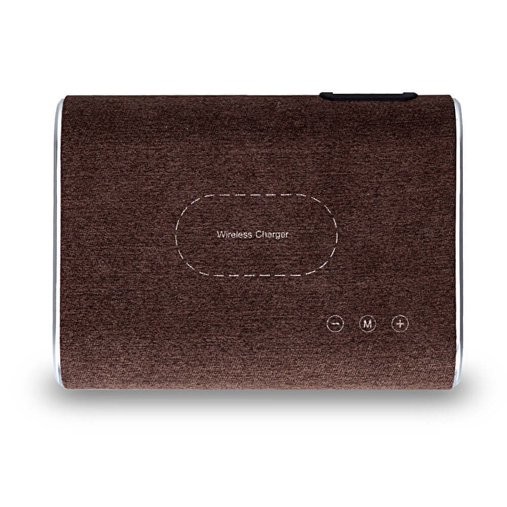Wireless charger speaker in dark brown, featuring a sleek design and Bluetooth capability for music enjoyment.