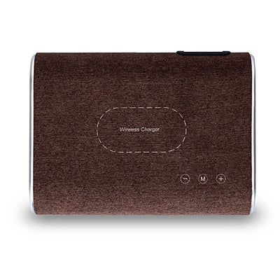 Wireless charger speaker in dark brown, featuring a sleek design and Bluetooth capability for music enjoyment.
