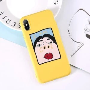 Lovebay iPhone case with a cartoon face design on a yellow back cover, compatible with iPhone models.