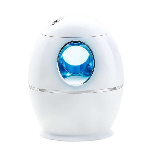 800ML Mini Air Humidifier in white, featuring a sleek egg design and blue accent, ideal for home or office use.