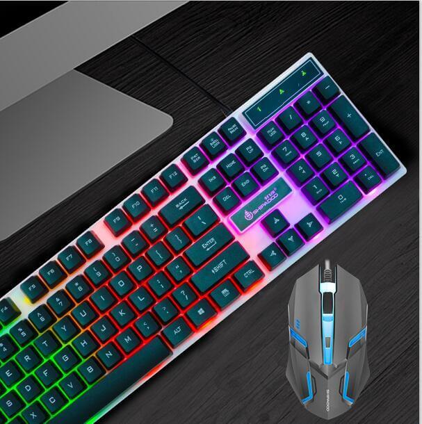 Keyboard and mouse set featuring colorful backlighting and a sleek design on a dark tabletop.