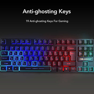 Backlit keyboard with 19 anti-ghosting keys designed for gaming, showcasing vibrant RGB lighting.