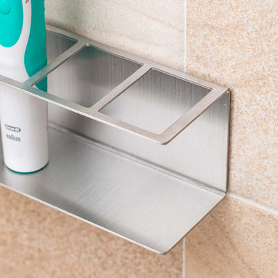 Stainless steel electric toothbrush holder with a hook-type installation and European style design.