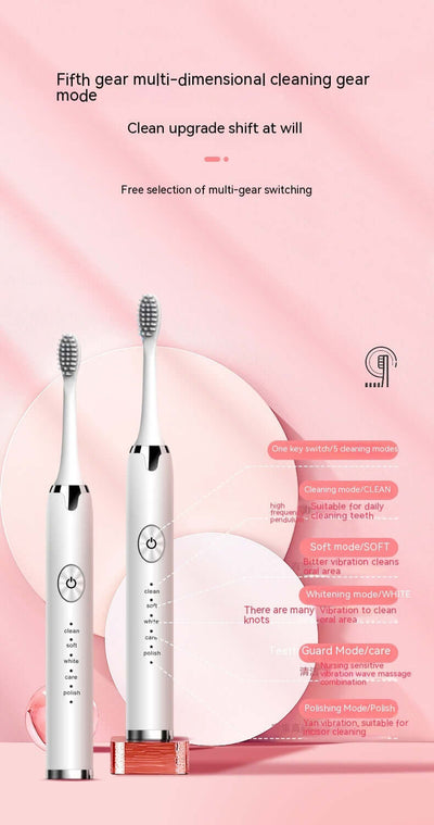 Electric toothbrush with five gear modes and multi-dimensional cleaning, shown on a soft pink background.