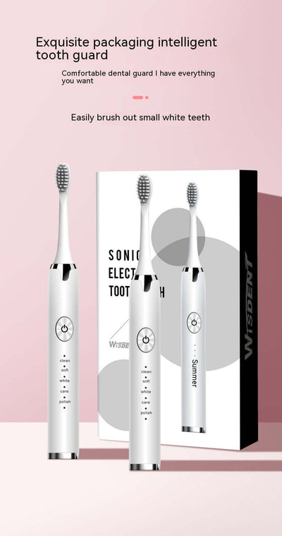 Electric toothbrush set with three brush heads, showcasing smart design and elegant packaging on a pastel background.