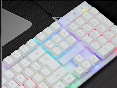 White keyboard with colorful backlighting, showcasing angular design and luminous keys for a modern gaming setup.