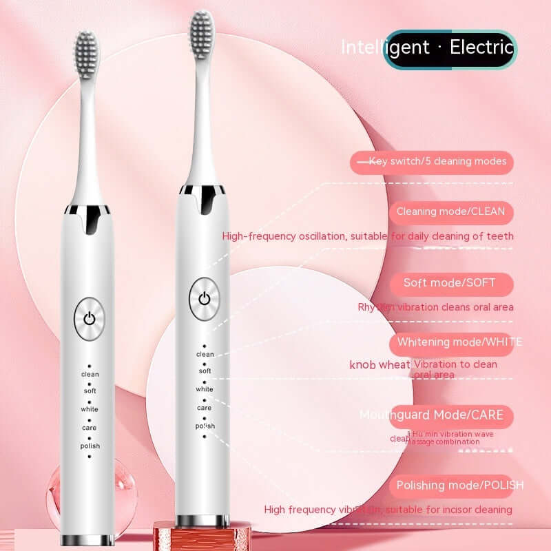 Electric toothbrush with five cleaning modes and ergonomic design for effective dental care.