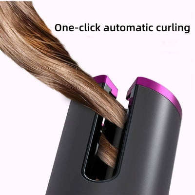 Portable hair curler with one-click automatic curling feature for easy, effortless styling.