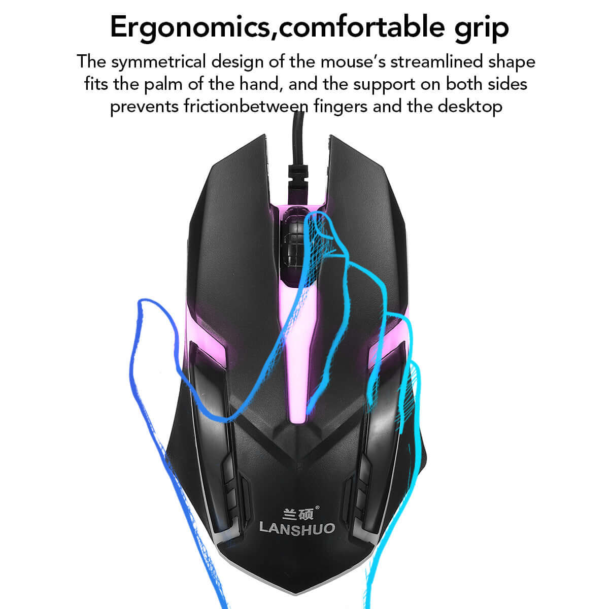 Ergonomic LANSHUO mouse with comfortable grip, designed for palm fit and reduced friction.