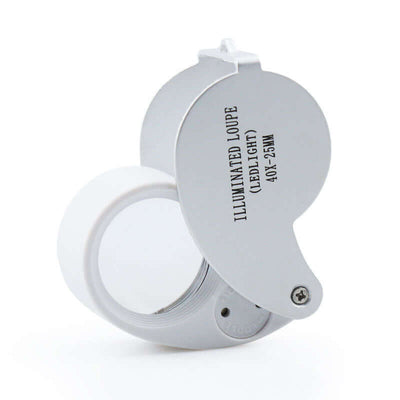 Folding LED illuminated jewelry mirror with 40x magnification, featuring a compact design in white.